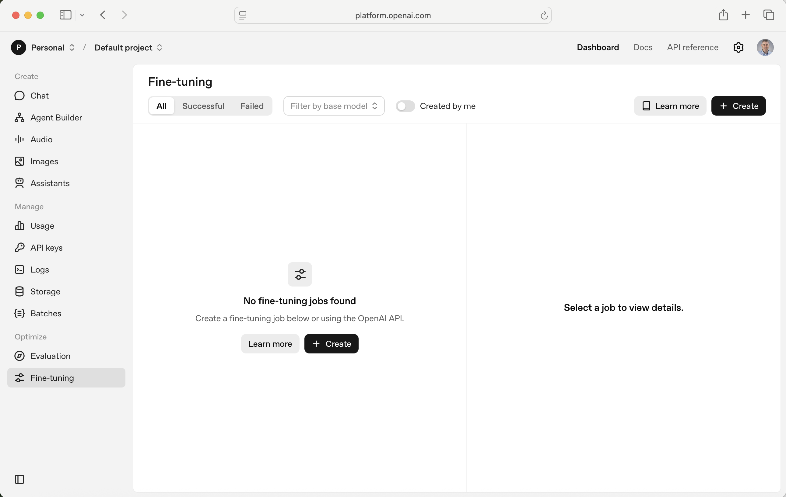 I navigated to the https://platform.openai.com Fine-tuning tab. I clicked the + Create button